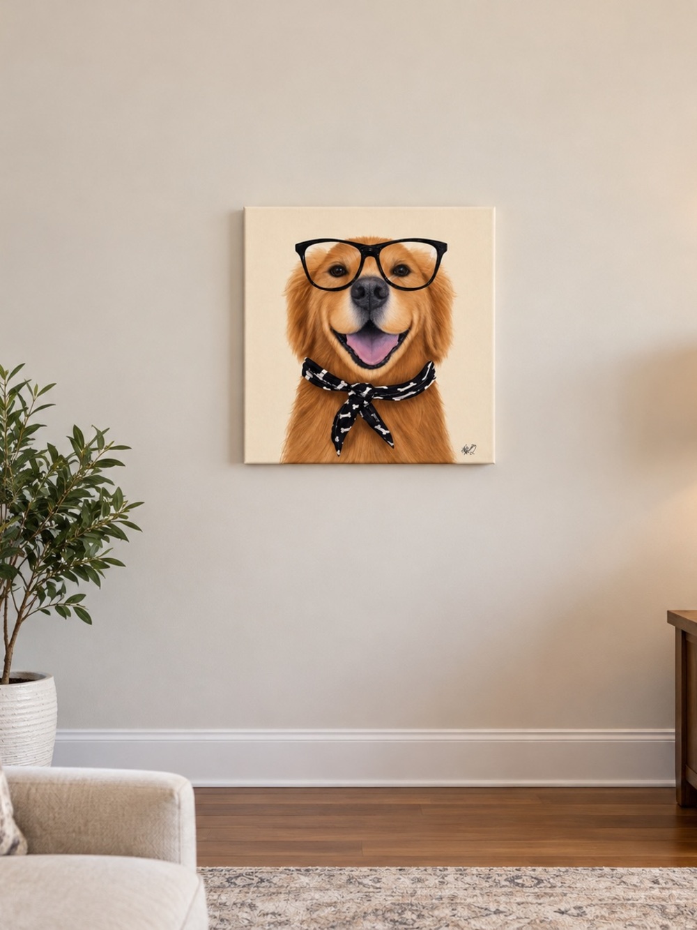 Golden Retriever Canvas Art Print in Cream and Black